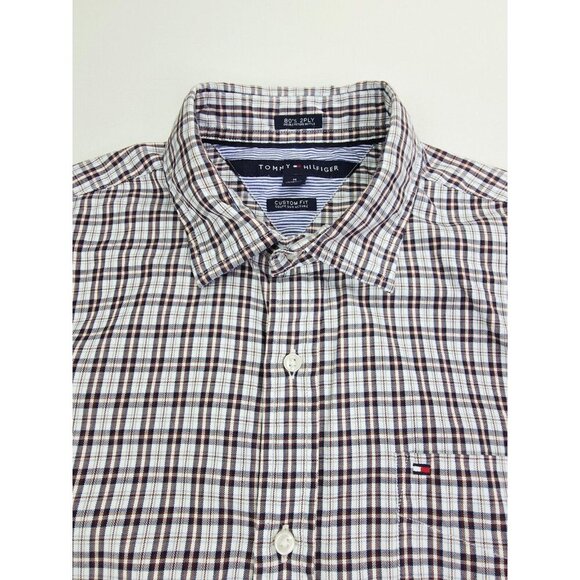 Tommy Hilfiger Custom Fit Medium Mens White Blue Burgundy Check Logo Long Sleeve - Picture 1 of 11